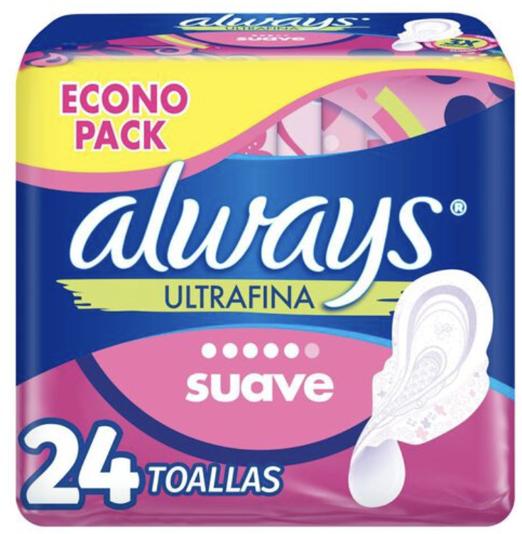 ALWAYS TOALLA ULTRA FINA SUAVE FLUJO ABUNDANTE C/A X 24 UND