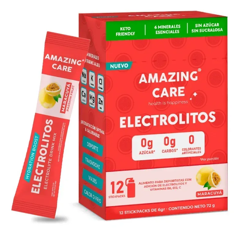 AMAZING CARE ELECTROLITOS EN POLVO SABOR MARACUYA X 12 STICKPACKS