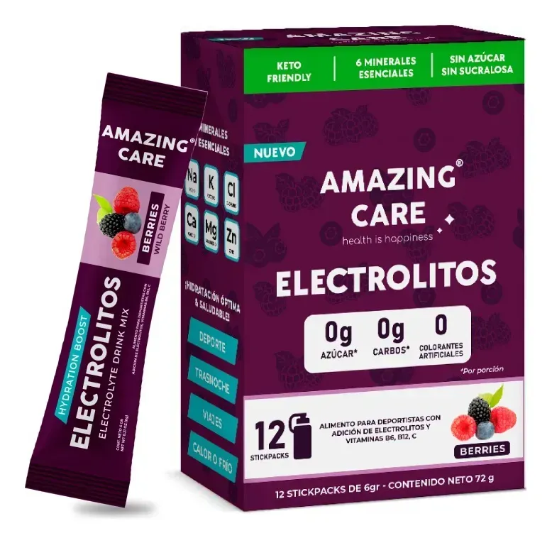 AMAZING CARE ELECTROLITOS EN POLVO SABOR BERRIES X 12 STICKPACKS