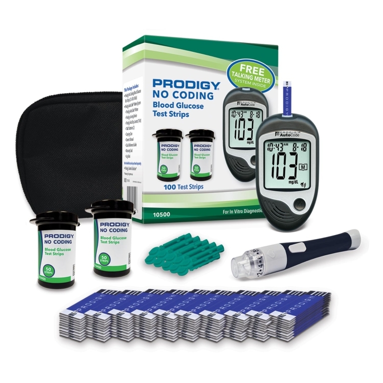 PRODIGY KIT GLUCOMETRO +100 TIRAS +10 LANCETAS +ESTUCHE
