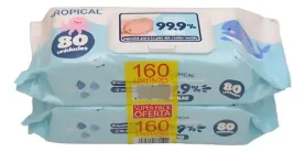 TOALLAS HUMEDAS TROPICAL 99,9% AGUA CON TAPA 80 UND X 2